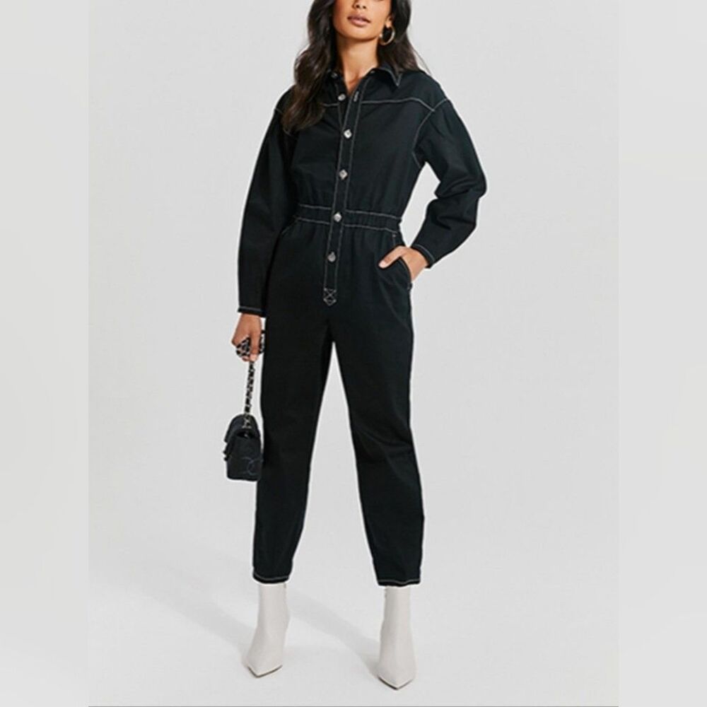 Something Navy Black Twill Boiler Suit Jumpsuit Size M Utility Workwear Style